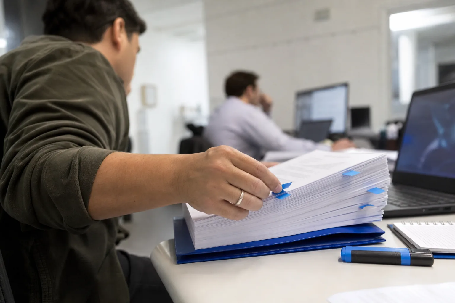 Analyst tabbing the cited sources in a printed research report