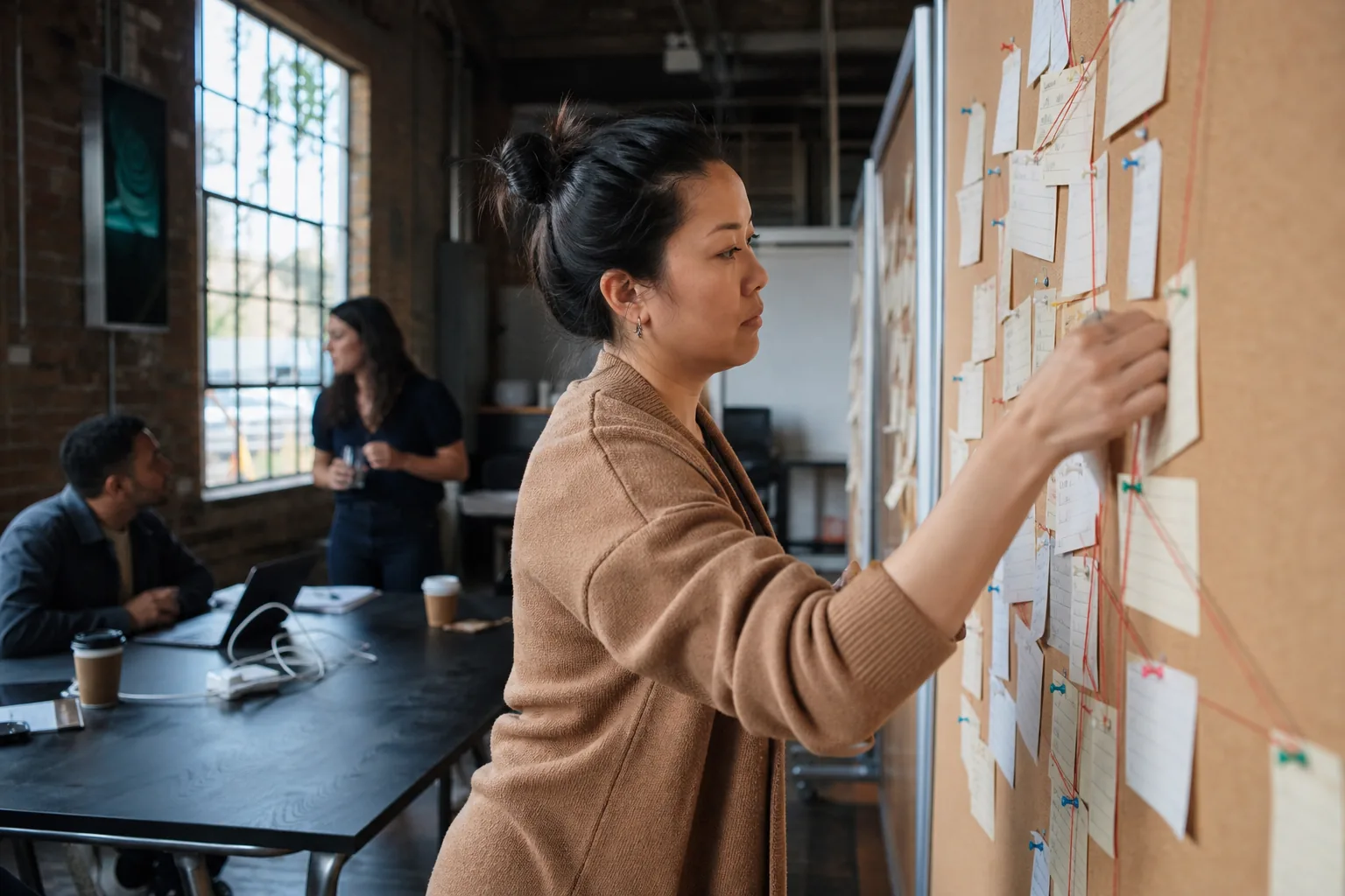 Product marketer pinning index cards about rival products to a cork board in a small team room