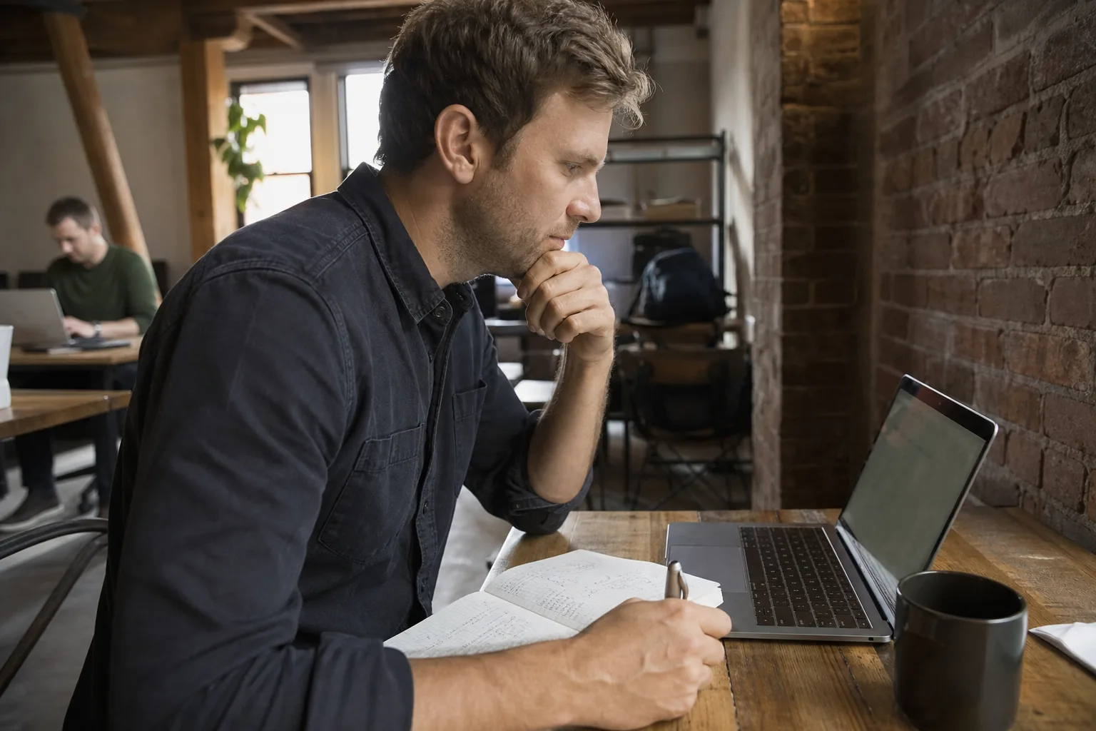 Owner of a small Denver software company reviewing competitor notes on a laptop at a shared workspace table