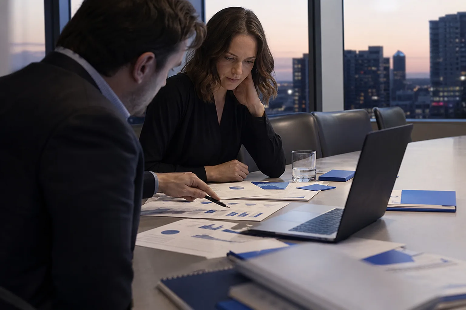 Leadership team reviewing a market brief and software budget around a meeting table