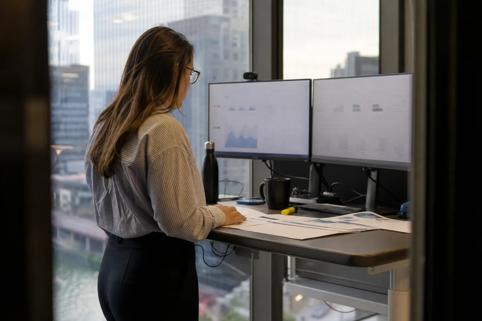 Strategy analyst at a standing desk in a Chicago office comparing two research dashboards on side by side monitors
