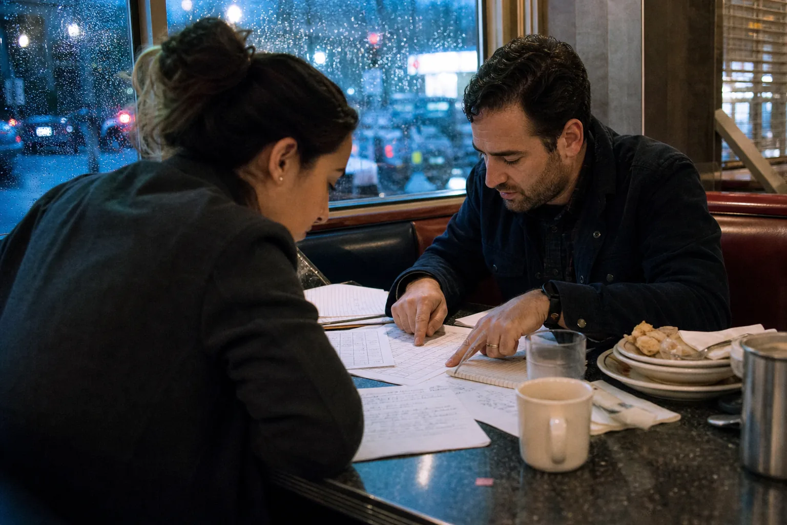 Two colleagues debating competitor notes over printed sheets at a diner booth