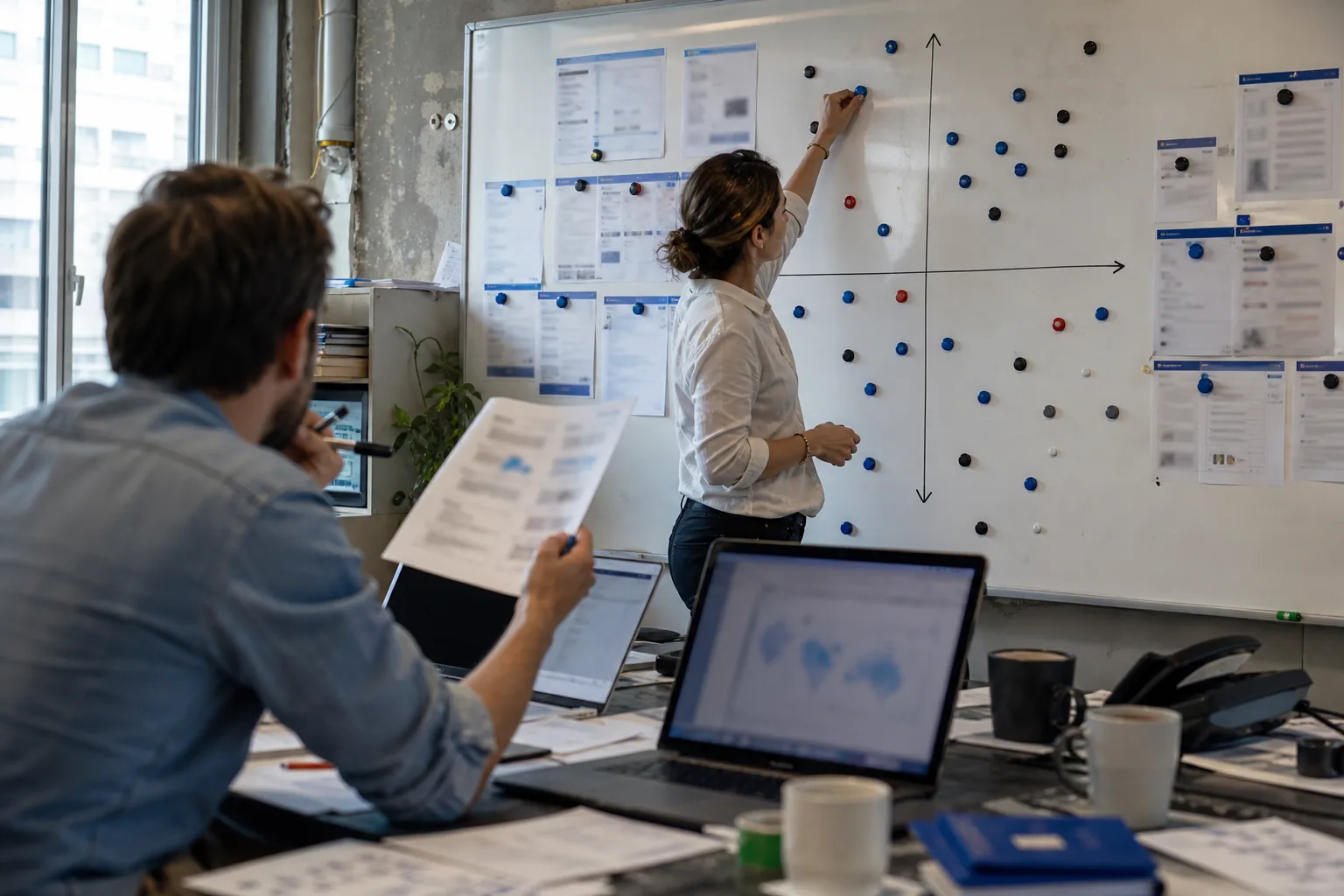 Two market analysts moving company dots on a wall market map in a strategy room